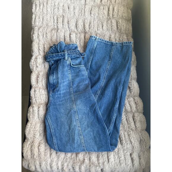 Zara Pleated Paperbag Wide Leg Jeans Size 4 Baggy High Rise Belted Barrel Denim - Picture 2 of 11